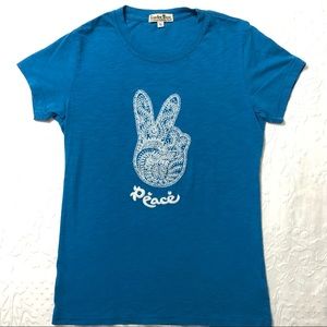 Lucky Brand Tee NWOT White “Peace” Embroidered Blue Vintage Top Size Small